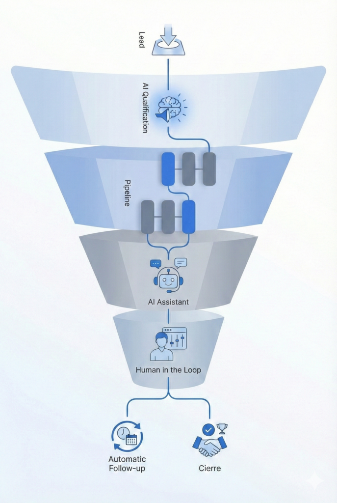 Dashboard CRM inteligente con pipeline visual lead scoring automatizado gestión comercial IATU Agency
